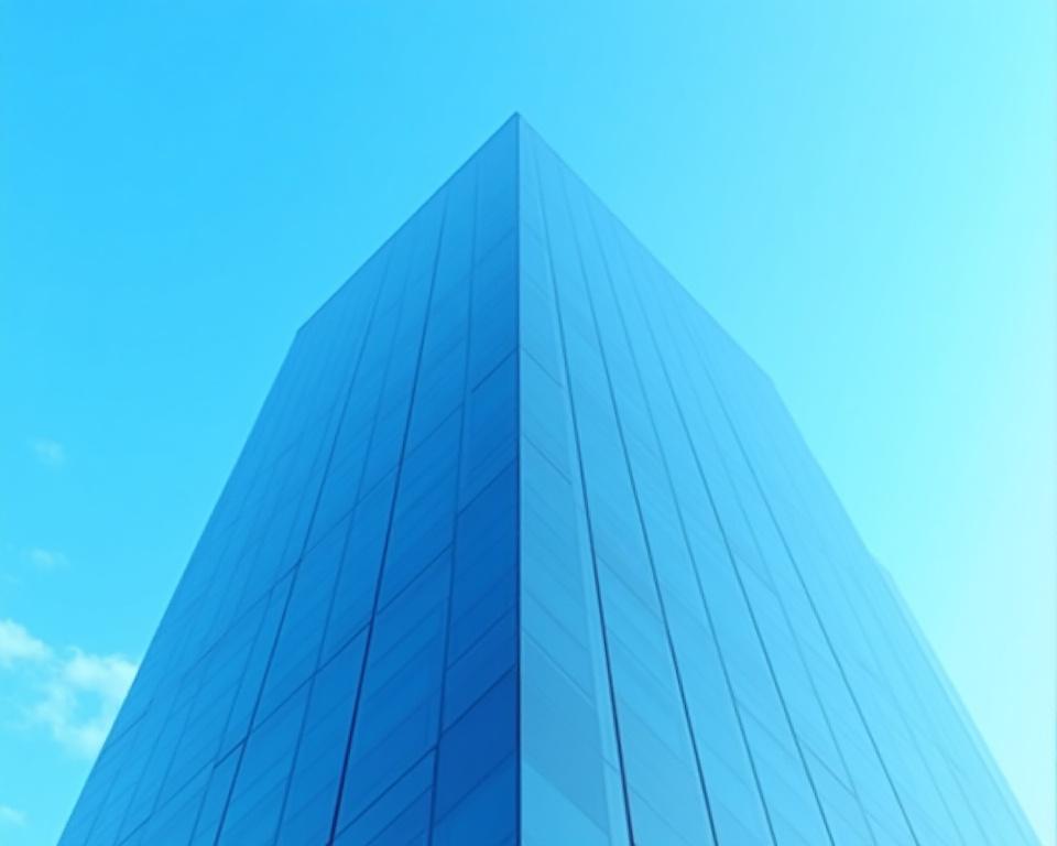 A sleek, modern glass office tower against a blue sky.