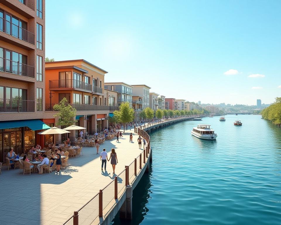 A vibrant waterfront promenade with shops and condos.