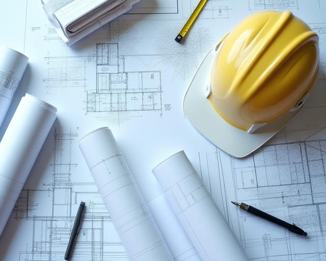 Architectural blueprints and a hard hat on a table.