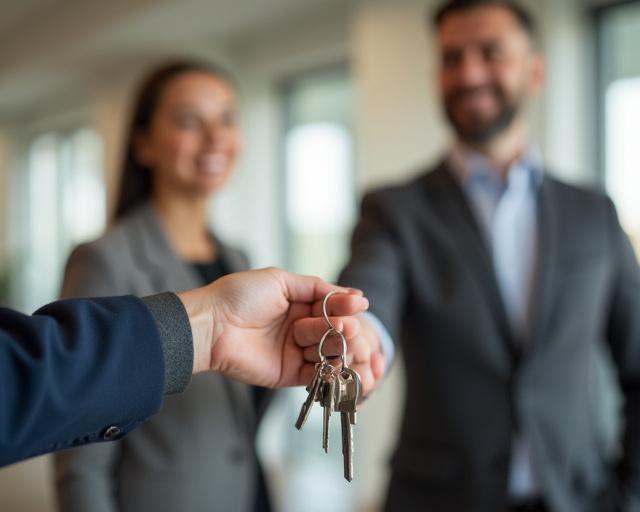 A property manager handing keys to a tenant.